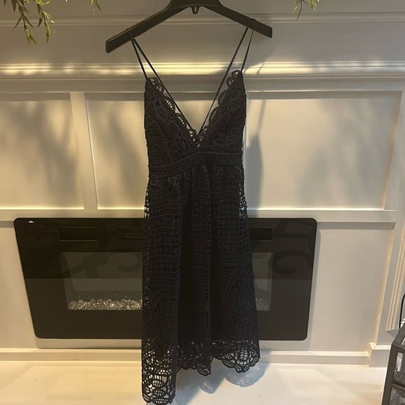 Bardot Botanical Lace Dress in Navy Blue - Picture 1 of 4